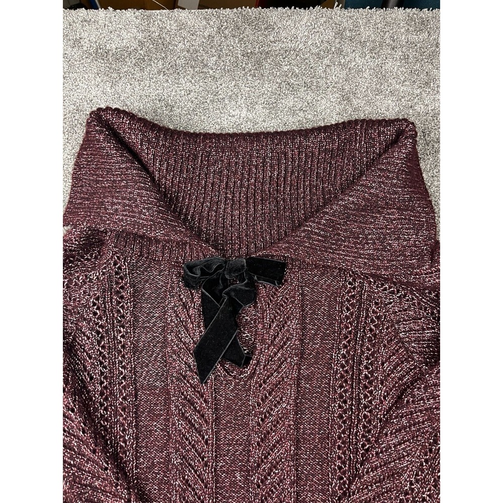 White House Black Market Sweater Women XL Shawl Collar Metallic Bow Cable Maroon - Picture 3 of 9